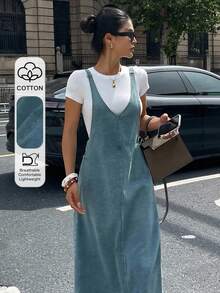 Dazy Tall Women's Deep V-Neck Spaghetti Strap Long Denim Dress, Tall Women - Medium Wash - View 1