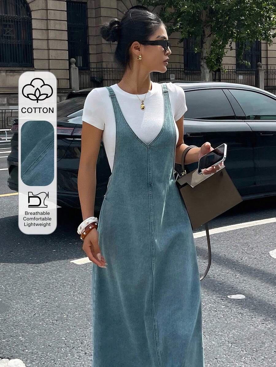 Dazy Tall Women's Deep V-Neck Spaghetti Strap Long Denim Dress, Tall Women - Medium Wash - View 1
