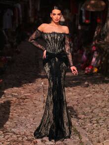 Aureia Elegant Romantic Hazy Blue Off-Shoulder Lace Trim Long Sleeve Sheer Waist Twist Detail Ruffle Hem Bodycon Mermaid Skirt Suitable For Influencer Dating Vacation Bachelorette Party Wedding Party Celebration Heavy Work Evening Gown (Heavy Work Design) - Black - View 3