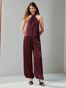 MOTF PREMIUM TENCEL LYOCELL KNOT DETAIL SLEEVELESS HALTER NECK WOMEN'S TOP - Coffee Brown - View 5