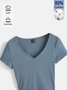 SHEIN BASICS Women's Solid Color V-Neck Casual Versatile Daily Outing Short Sleeve T-Shirt - Blue - View 3