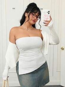 CovetEZ Plus Size White Pleated Shoulder Strap Elastic Knit Top - White - View 3