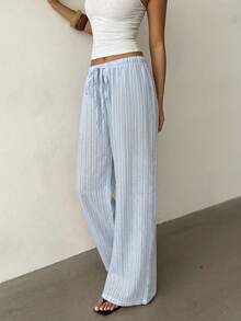 Aloruh Women's Casual Elastic Waist Tie Striped Linen Texture Loose Straight Wide Leg Pants - Baby Blue - View 6