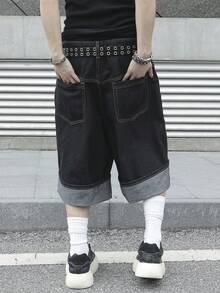 Manfinity Roughcore 夏季刺繡捲邊牛仔短褲，度假風 - 黑色 - 查看 2