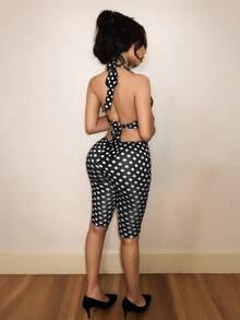 BamGleam Black And White Polka Dot 90s Disco Deep Draped Neck Halter Top And Bermuda Shorts Two Pieces Set Club Party Night Out Summer Sexy - Black - View 3
