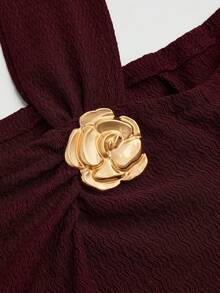 SHEIN Unity Plus Size Women's Solid Color Knitted Ribbed Asymmetric Shoulder Flare Sleeve Ruffle Trim Bodycon Maxi Elegant Party Dress - Burgundy - View 8