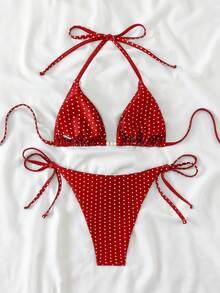 Swim Basics 女款夏季性感兩件式波點隨機印花掛脖綁帶比基尼套裝，附珍珠飾品 - 紅色 - 查看 2