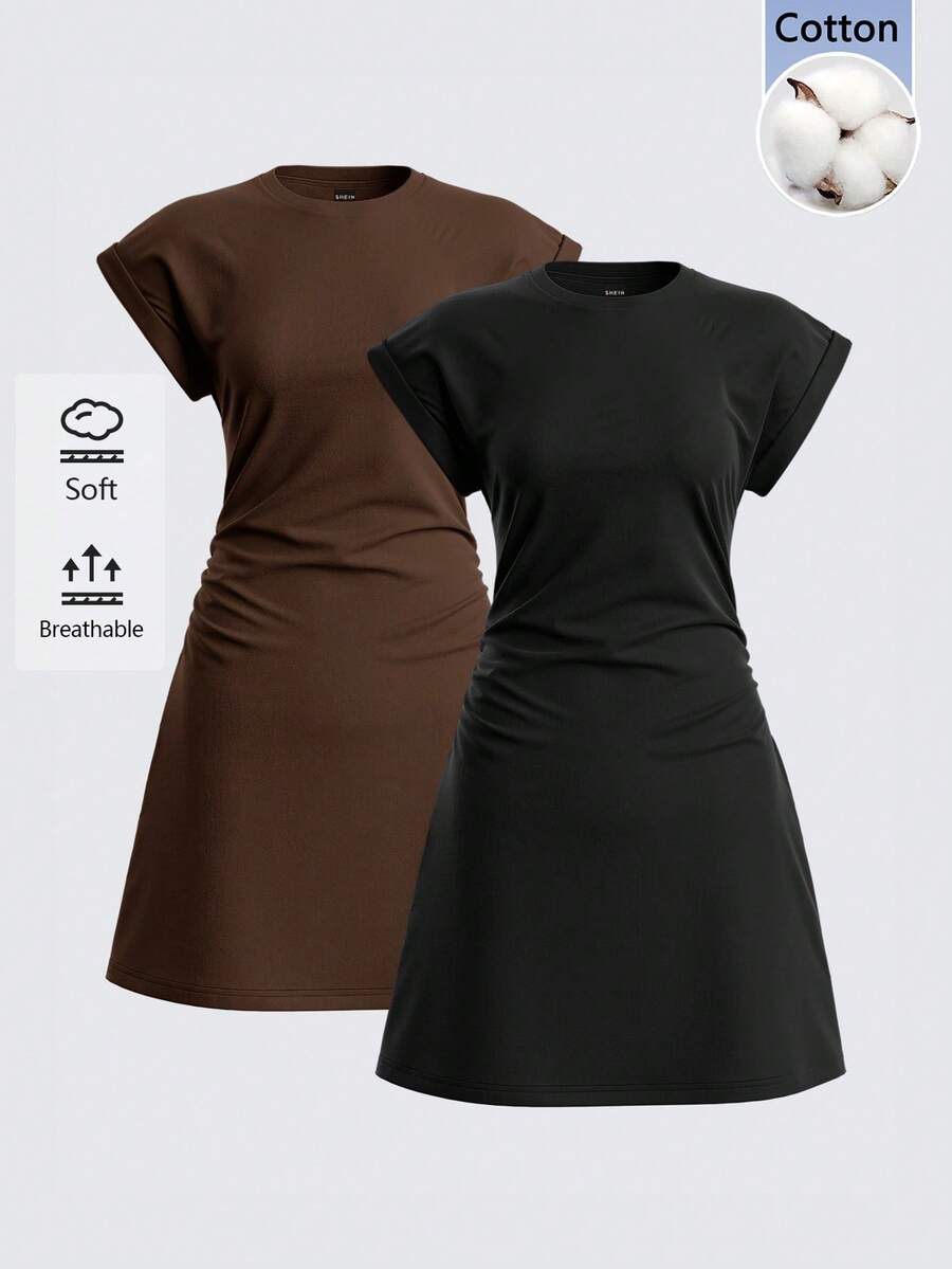 SHEIN BASICS 女款純色圓領蝙蝠袖休閒迷你洋裝 - 彩色 - 查看 1