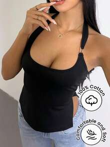 SHEIN SXY Black Casual Halter Neck Tank Top With Side Slit Hem,Black Top - Black - View 8