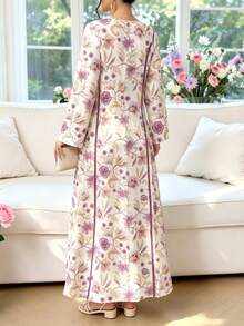 SHEIN Najma 復古端莊花卉枝條植物紫色蕾絲印花女款時尚V領長袖洋裝，白色優雅長裙，春夏服飾 - 彩色 - 查看 2
