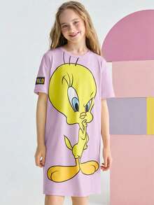 LOONEY TUNES X SHEIN Tween Girl Cartoon Tweety Bird Print Yellow Casual Versatile Short Sleeve Dress - Purple - View 3