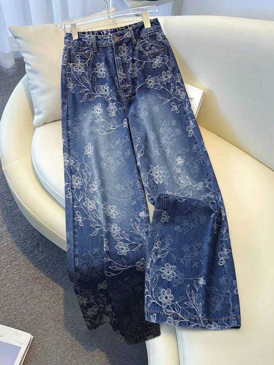 EMERY ROSE 大码女式休闲花卉刺绣图案阔腿牛仔裤,百搭日常穿着,春夏款 - 中等水洗藍 - 查看 1
