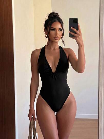 Sirith 1pc Women's One-Piece Swimsuit,Black,Summer,Elegant,Beach Party,Holiday,Fashionable High Cut Chest Cutout Halter Backless,Pool Party Vacation