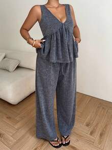 Dazy Plus Blogger Style Casual 2-Piece Set, V-Neck Sleeveless Crop Top And Elastic Waist Loose Long Pants, Plus Size Women Spring/Summer - Dark Grey - View 8