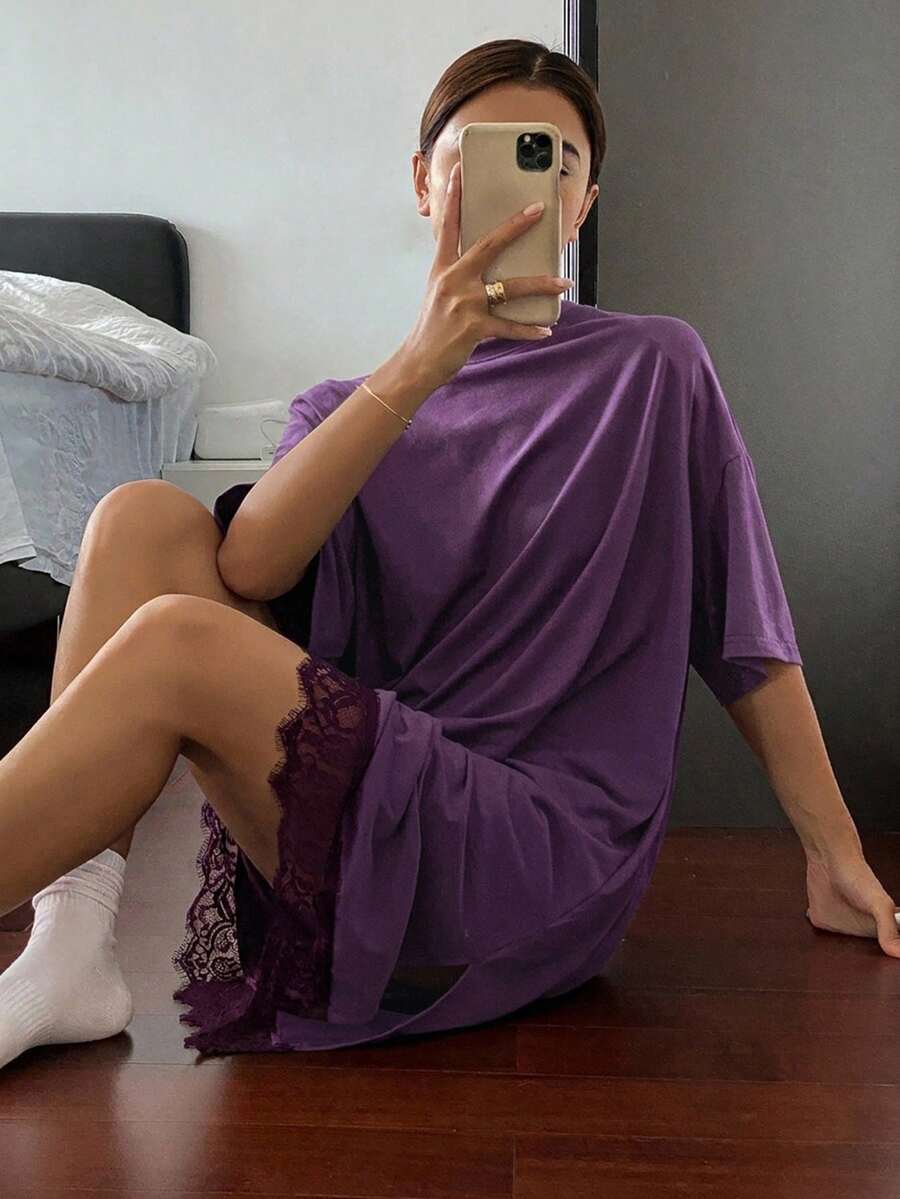 Livesso 蕾絲拼接圓領寬鬆短袖T恤洋裝長洋裝 夏季女款睡裙睡衣 - 紫色 - 查看 1
