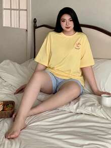 Dazy Plus Cartoon Print Loose Pajama Set, Includes Top And Pants, Spring/Summer/Autumn - Yellow - View 6