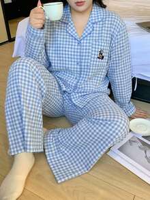 Dazy Plus 格子宽松睡衣套装，家居服套装，四季皆宜 - 藍白色 - 查看 6