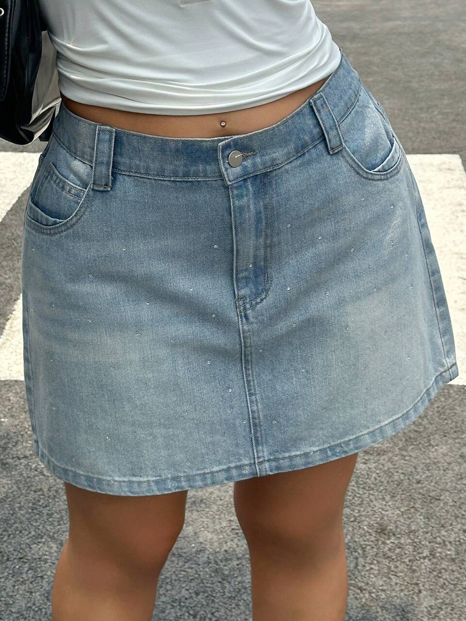 Dazy Plus Light Wash Distressed Denim Mini A-Line Skirt With Rhinestone Decor, Plus Size, Spring/Summer