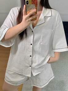 Dazy Plus Color Block Casual Loose Short Sleeve Shirt Top And Shorts Pajama Set, Plus Size Women Spring/Summer Sleepwear - White - View 8