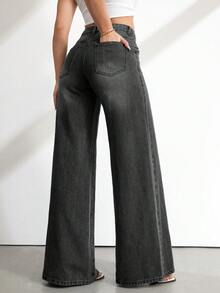 SHEIN Tall 女款高腰純色寬腿牛仔褲，春夏度假休閒街頭風 - 黑色 - 查看 3