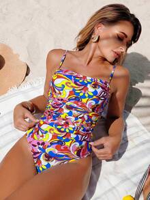 Swim Lushoire 女款春夏花卉印花一件式細肩帶泳衣，度假適用 - 彩色 - 查看 3