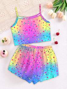 Young Girl Letter Cartoon Print Cami Top And Shorts Casual Daily Home Pajama Set - Multicolor - View 3