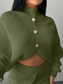EURMUSE 2 Pieces Ribbed Knit Lounge Set Featuring Asymmetrical Sweater With Decorative Bow Accents And Matching High-Waisted Pants - Army Green - View 5
