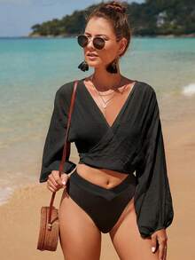 Swim Vcay 女款紋理前綁帶休閒遮陽罩衫，適合海灘度假 - 黑色 - 查看 2