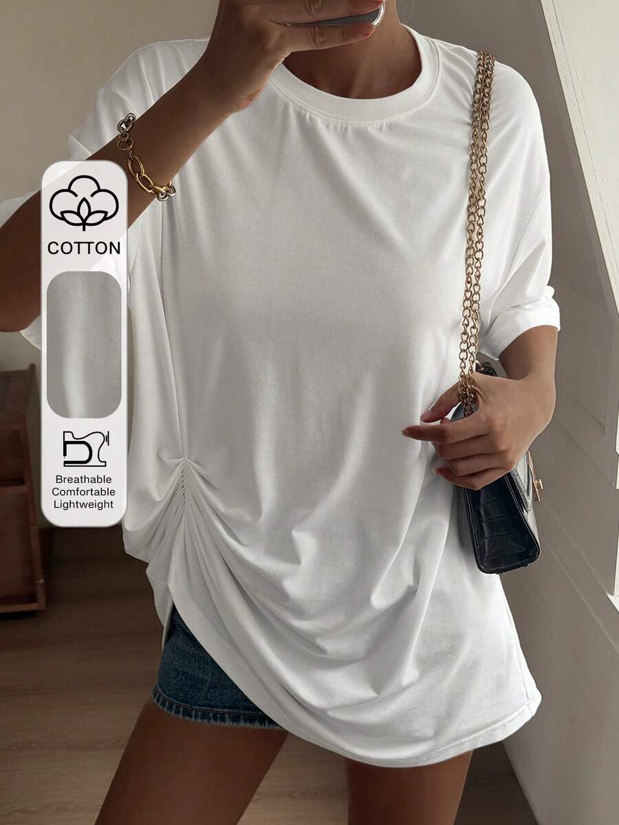 Livesso Women's All White Summer Casual Everyday Loose Top With Pleated Asymmetric Hem,Street Style Short Sleeve T-Shirt For Music Festival Vacation Office - White - View 1