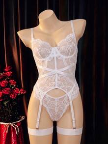 SHEIN 4件組蕾絲飾邊拼接性感內衣胸衣套裝 - 白色 - 查看 6