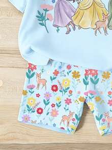 SHEIN Elladie kids 一套女童休闲甜美可爱蓝色短袖套装，梦幻公主印花T恤搭配可爱蝴蝶、小鹿、花朵图案短裤，适合夏季外出、度假、上学和节日穿着。 - 彩色 - 查看 7