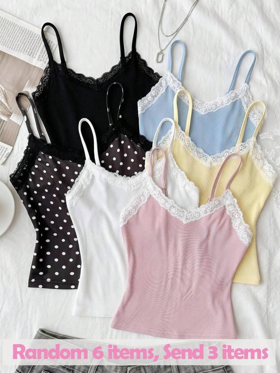 Conjunto de 3 piezas de camisola sin mangas con patchwork de encaje para niña preadolescente, se envían 3 artículos al azar de 6 - Multicolor - Ver 1