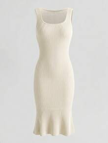 Balvessa Women's Square Neck Sleeveless Ribbed Fitted Fishtail Hem Sweater Dress, Spring/Summer - Apricot - View 6