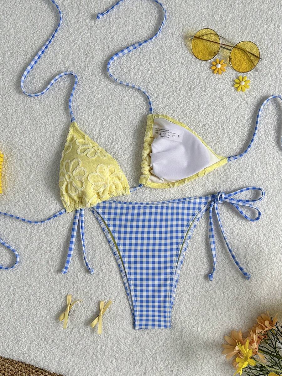 Swim Mod 女款奶油黃特殊面料掛脖細肩帶上衣側綁帶三角比基尼泳褲套裝,海灘度假可愛夏季清爽風 - 彩色 - 查看 1