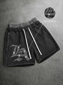 PAVTROS Men's Grey Summer Graphic Streetwear Beach Shorts,American Street Style Washed Distressed 2 In 1 Sports Pants,Elastic Waist Drawstring LA Rhinestone - Black - View 3