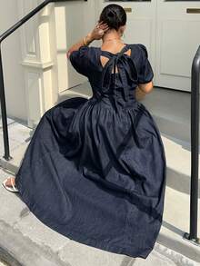 Dazy Plus Lässiges langes Denim Kleid für Damen in Große Größen mit Rundhalsausschnitt, Kurzarm, offenem Rücken und Schleifendesign, geeignet für Frühling und Sommer - Dunkle Waschung - Übersicht 9