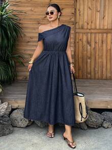 Dazy Plus Dark Wash Blue Vacation Style Off-Shoulder Cinched Waist Maxi Denim Dress, Casual For Plus Size Women - Dark Wash - View 4