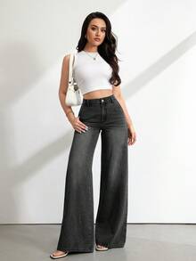 SHEIN Tall 女款高腰純色寬腿牛仔褲，春夏度假休閒街頭風 - 黑色 - 查看 7