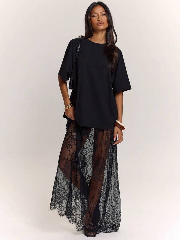 SHEIN BAE Spring/Summer Solid Black Lace T-Shirt With Skirt 2-Piece Set For Women, Elegant Sexy Outing Night Out Outfit, Party, Wedding Guest Attire