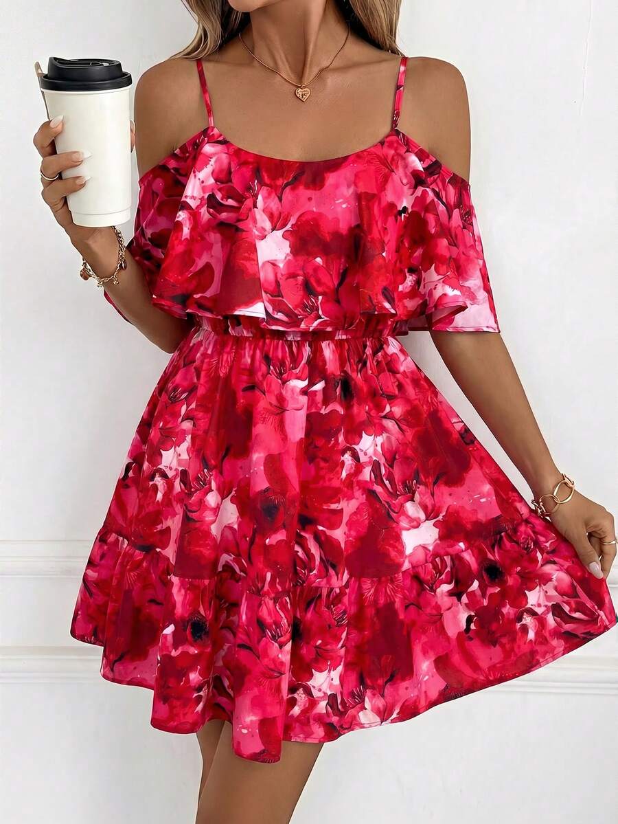 SHEIN Clasi 女款細肩帶露肩印花迷你洋裝 - 紅色 - 查看 1
