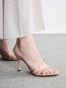 CUCCOO BIZCHIC 女款春夏新款杏色多條紋細高跟涼鞋拖鞋 時尚舒適百搭 通勤性感晚餐派對女鞋 - 杏色 - 查看 4