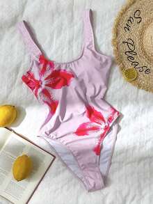 Swim Chiccia 女款一件式百合花圖案印花粉色休閒海島海灘度假泳衣，百搭休閒 - 粉色 - 查看 2