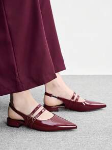 CUCCOO BIZCHIC 女款酒紅色亮面尖頭後繫帶平底鞋，職場通勤溫婉優雅百搭工作鞋 - 酒紅色 - 查看 4