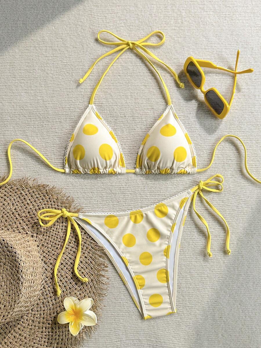Soleia Women's Summer Fashion Sexy Yellow Polka Dot Print Bikini Set