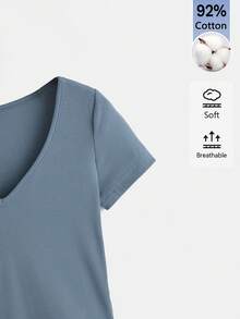 SHEIN BASICS Women's Solid Color V-Neck Casual Versatile Daily Outing Short Sleeve T-Shirt - Blue - View 5