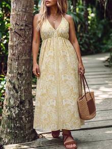 SHEIN LUNE CURVE Plus Size Women's All-Over Print Pleated Casual Boho Party Beach Vacation Halter Neck Tie Dress Yellow Summer - Yellow - View 5