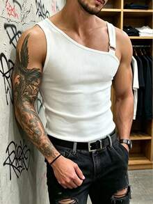 Manfinity Dauomo Men's Summer Fashion Solid Color Ribbed Oblique Shoulder Slim Fit Tank Top - White - View 4