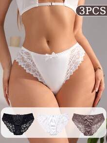DesireSculpt 女款時尚蕾絲拼接緞面三角內褲 3件組 - 彩色 - 查看 1