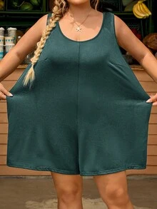 SHEIN CURVE+ 女大尺碼素色圓領口袋休閒寬鬆連身褲 - 綠色 - 查看 3