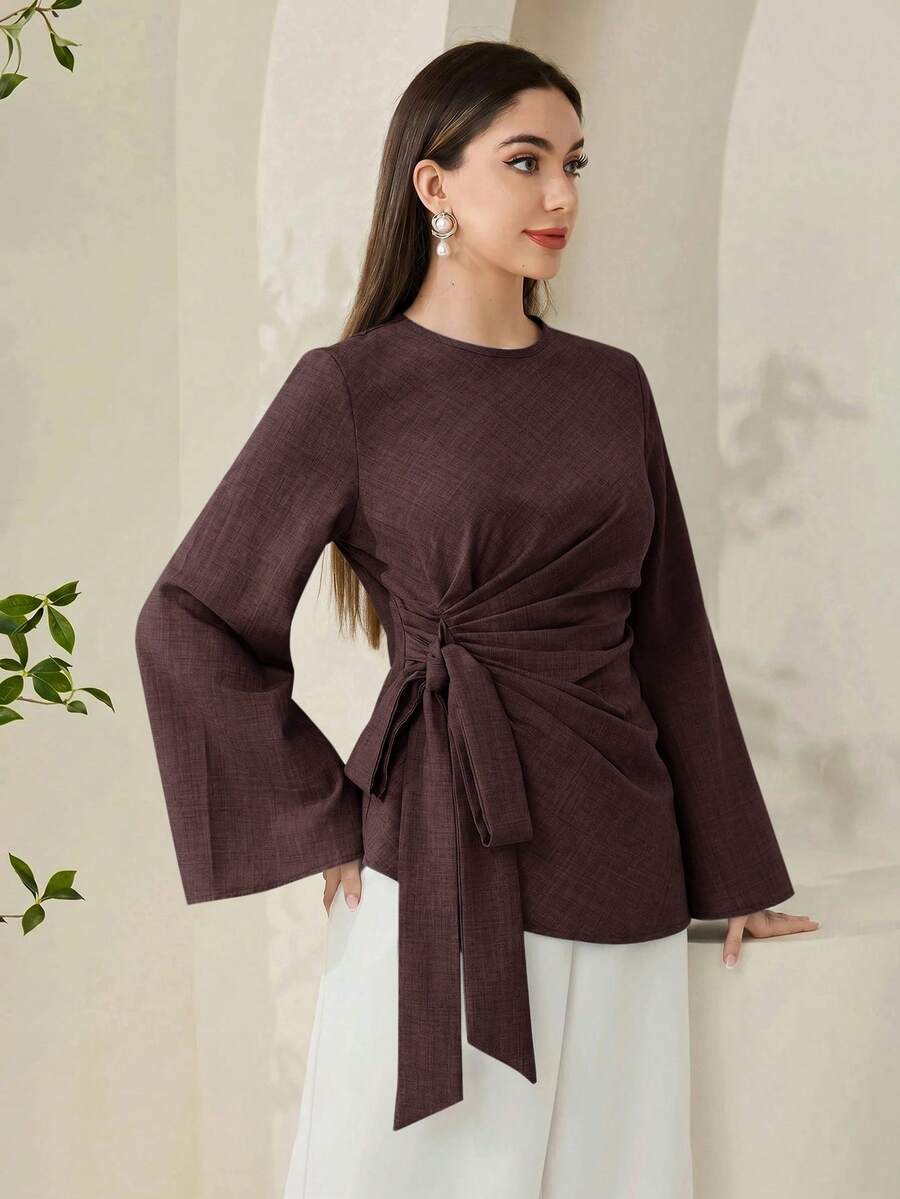 Veilorie Women's Classic Minimalist Round Neck Flared Sleeve Pleated Bow Long Sleeve Blouse Suitable For Commuting - Coffee Brown - View 1